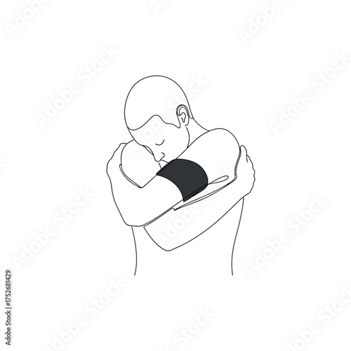 Vector art of line art illustration of a person hugging themselves, symbolizing selfcare, comfort, and emotional support