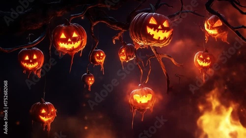 Glowing carved pumpkins hanging in the night sky with fiery background