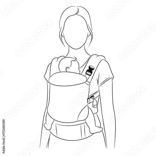 Vector art of a minimalist line art depiction of a woman carrying a baby in a front carrier, illustrating parental care and bonding, isolated on a