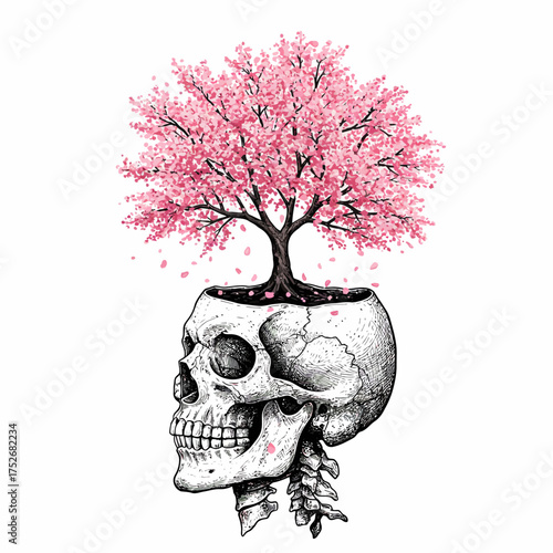 Vector art of a surreal and artistic illustration of a blooming cherry blossom tree growing out of a human skull, symbolizing life and death