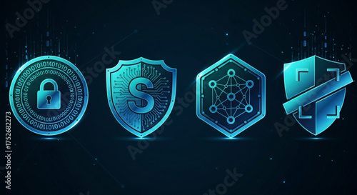 Cyber security concept showing a collection of digital shields with icons representing data protection, network security, and online safety measures