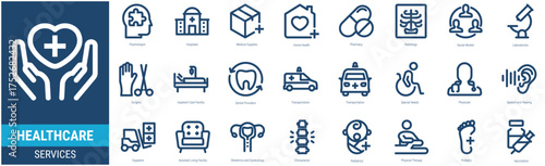 HEALTHCARE SERVICES Icon Set containing  Psychologist, Hospitals, Medical Supplies, Home Health, Pharmacy, Radiology, Social Worker, Laboratories, Surgery icons. Outline style icon collections.