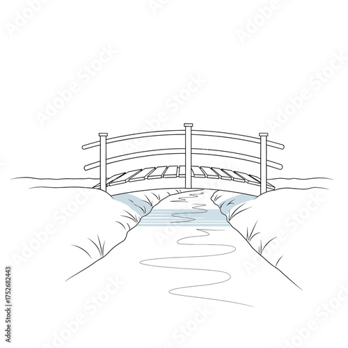 Vector art of a simple line drawing of a charming arched bridge crossing a gentle stream, with a path leading towards it, set against a clean