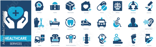 HEALTHCARE SERVICES Icon Set containing  Psychologist, Hospitals, Medical Supplies, Home Health, Pharmacy, Radiology, Social Worker, Laboratories, Surgery icons. Glyph duo tone style icon collections.