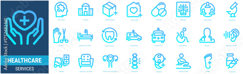 HEALTHCARE SERVICES Icon Set containing  Psychologist, Hospitals, Medical Supplies, Pharmacy, Radiology, Social Worker, Laboratories, Surgery icons. Outline gradient style icon collections.