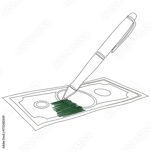 Vector art of a line drawing of a pen writing on a banknote, with green scribbles over the bill, isolated on a, representing financial transactions or money creation