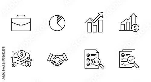 Business and finance icons, including charts, briefcase, pie chart, handshake, and checklist