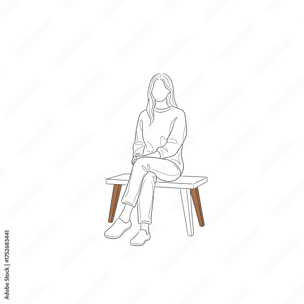 Fototapeta premium Vector art of minimalist line drawing of a woman sitting crosslegged on a simple wooden bench, , conveying a sense of calm and contemplation in a clean, modern aesthetic