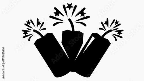 Three black firecrackers with stars and sparks against a white background in a simple vector style