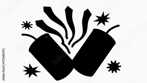 Illustration of two black firecrackers with smoke and stars on a white background in a simple style