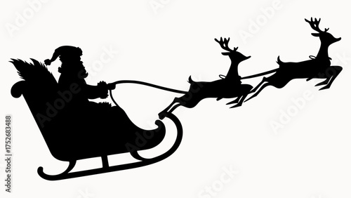 Silhouette of santa claus in a sleigh pulled by three reindeer flying through the air on christmas eve