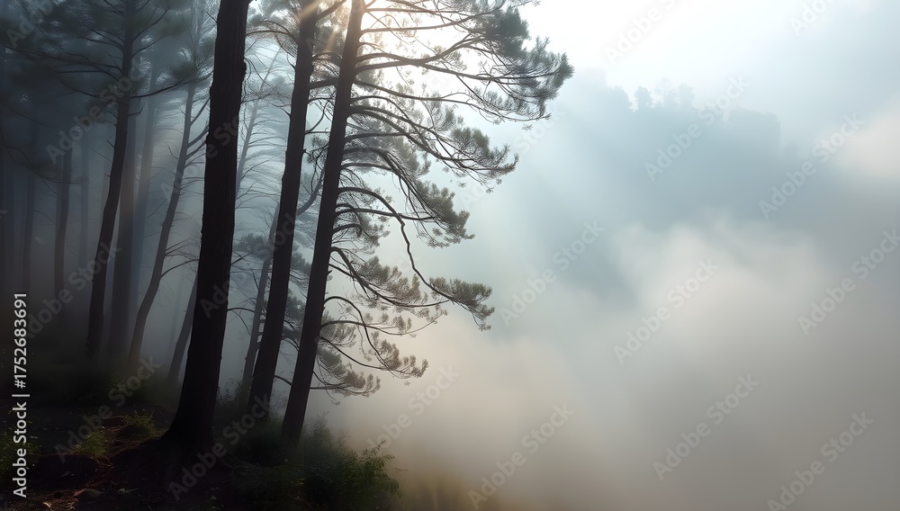Fototapeta premium Dreamy Misty Landscape with Sunlight Rays over Forest or Valley in Soft Pastel Tones and Tranquil Mood