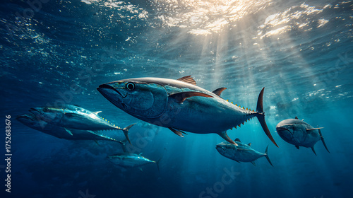 A school of tuna swimming in the ocean illuminated by sunlight filtering through the water surface