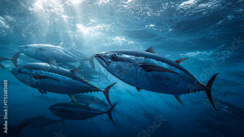 A school of tuna swimming together in the deep blue ocean with sunlight shining from the surface