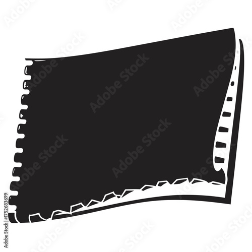 A black and white drawing of a notepad with a spiral binding and torn pages on the right side shown open