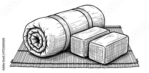 Rolled Yoga Mat and Blocks in Hand-Drawn Sketch Style. Vector Illustration for Mindfulness and Wellness.
