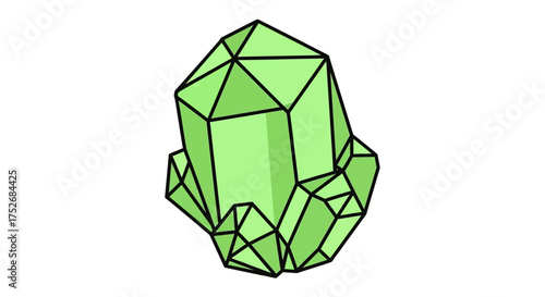 Vibrant green multifaceted crystal cluster illustration, a striking geometric gemstone design for themes of geology, science, and natural beauty