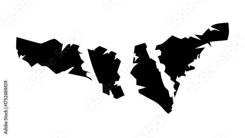 Abstract representation of two land masses separated by a narrow gap in black and white colors
