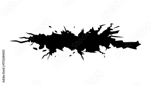 Abstract black jagged shape with sharp edges and small fragments on a white background design element