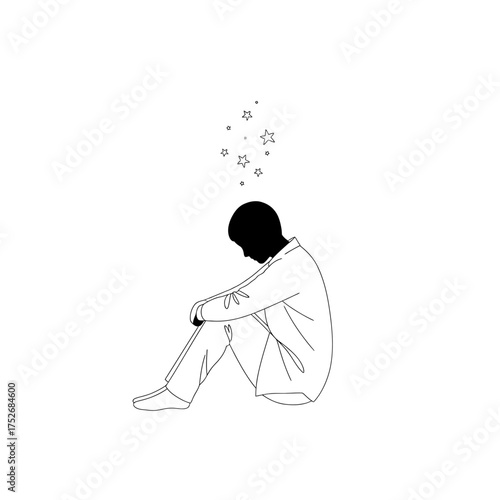 Vector art of a silhouette of a person sitting with their knees pulled up to their chest, head bowed, with small stars floating above their head