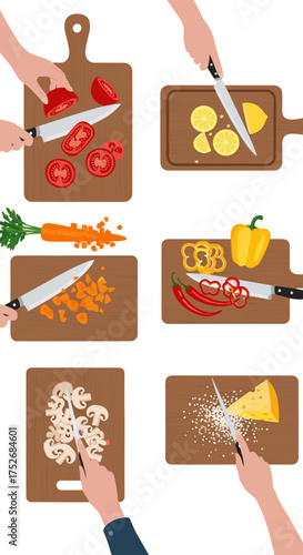 Various hands preparing fresh ingredients on wooden cutting boards for healthy cooking.