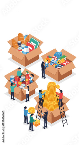 Individuals working together to organize and pack essential supplies and resources into cardboard boxes for distribution and aid.
