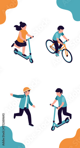 Children enjoying outdoor activities with bicycles and scooters on a sunny day.