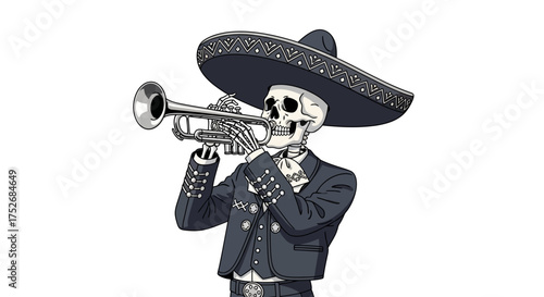 Dynamic Skeleton Mariachi Trumpeter Celebrating Traditional Mexican Culture with Festive Music and Humorous Character Design Element