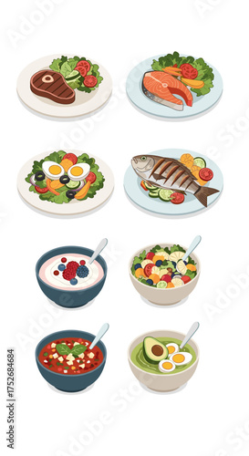 A collection of healthy and nutritious meals including various proteins vegetables and fruits for a balanced diet.
