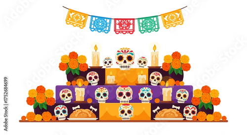 Festive Day of the Dead Altar Illustration with Sugar Skulls, Flowers, and Candles