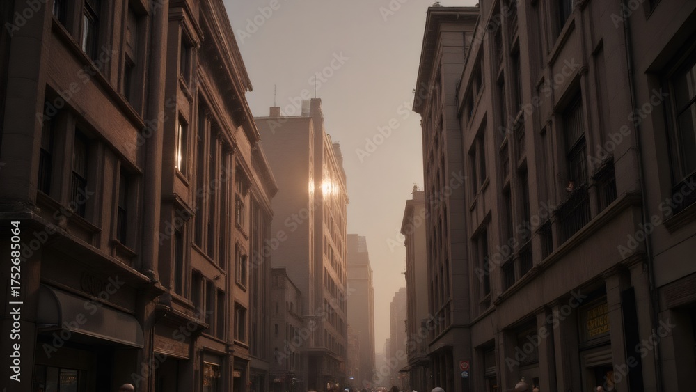 Obraz premium Urban street view in golden light, old buildings in city downtown, USA
