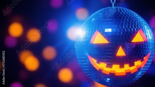Spooky disco ball with jack-o'-lantern face illuminated by colorful lights, creating a festive Halloween party atmosphere