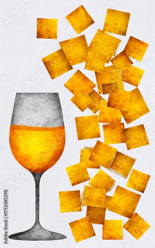 Abstract Golden Squares Exploding From A Wine Glass With Orange Liquid In Grey Textured Background