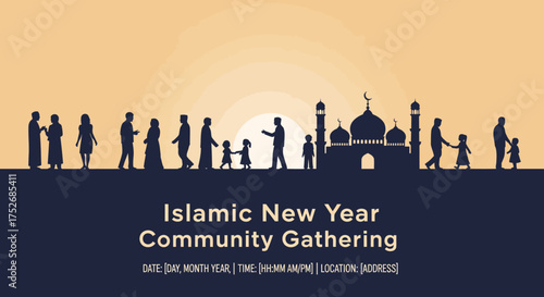 Silhouette of a Muslim community gathering with families at a mosque during sunset for a religious celebration