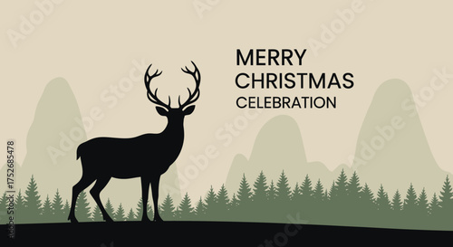 Silhouette of a majestic reindeer standing in a pine forest with mountains in the background, a festive winter holiday vector banner
