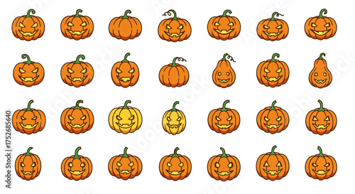A diverse assortment of retro pixelated jack-o'-lanterns, showcasing a range of spooky and playful emotions for the Halloween season