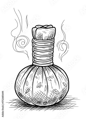 Hand-Drawn Herbal Compress Ball in Classic Linework. Vector Illustration for Wellness and Spa Concepts.