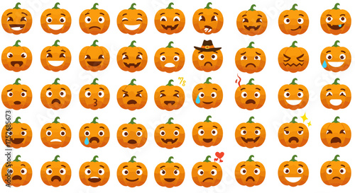 Collection of Halloween pumpkin emoticons with diverse facial expressions and emotions, perfect for festive designs and communication