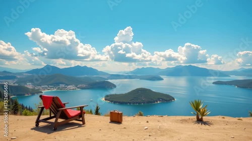 Scenic mountain lake island under bright sky with fluffy clouds, red chair towel suitcase on sandy hill, peaceful nature landscape evoking travel relaxation and vacation mood