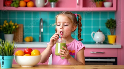 Young girl with braided hair drinks green smoothie through straw in colorful kitchen with pink cabinets and bowl of fresh fruit, enjoying healthy lifestyle and cheerful atmosphere