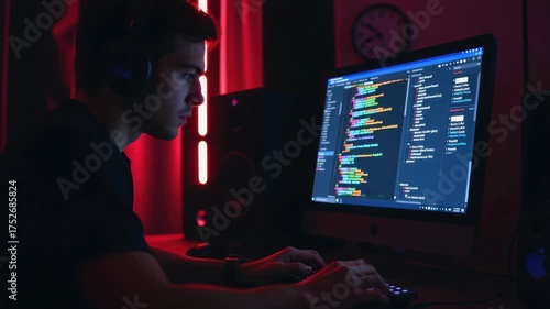 Young man coding on computer in dark room with neon red light, focused programmer working late on software development, technology workspace with headphones, keyboard, and screen for coding