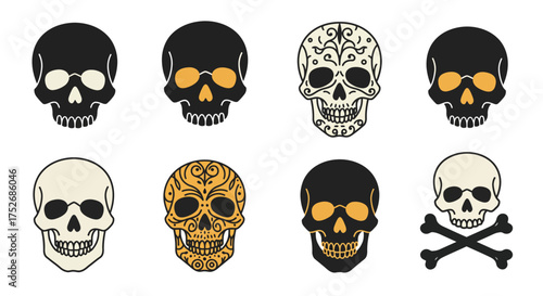 Collection of Various Skulls and a Skull with Crossbones Illustration