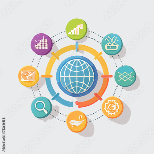 Colorful global network design with orbiting graphic elements on light background