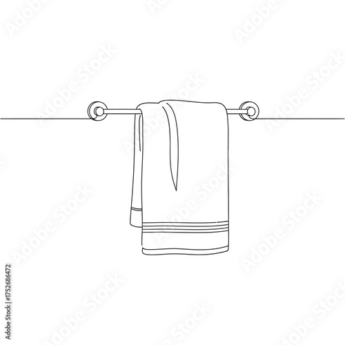 Vector art of a simple line drawing of a folded towel hanging on a metal towel bar, isolated on a, representing cleanliness and bathroom decor