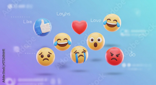 Social media concept with emojis emoticons for social networking service like, love, laughing, sad, angry, crying, surprised 3d rendering