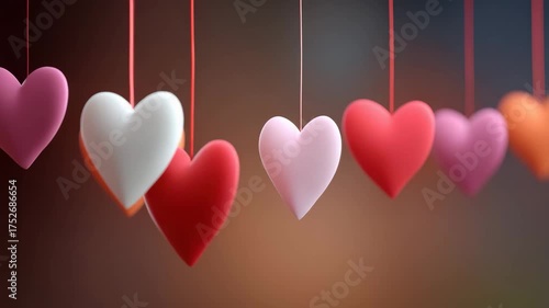 Hanging heart shapes in red pink white and orange colors create romantic love decoration with soft focus blurred background warm atmosphere and gentle lighting perfect for romantic mood