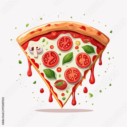 Delicious pizza slice with tomatoes basil mushrooms and melting sauce