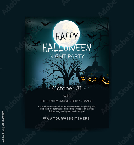 halloween day party flyer design with moonlight haunted hill dark night landscape cemeter background