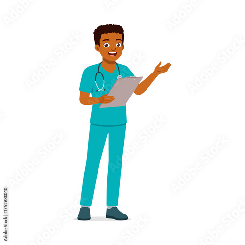 Smiling African American Doctor Holding Clipboard with Stethoscope Around Neck Presenting Something