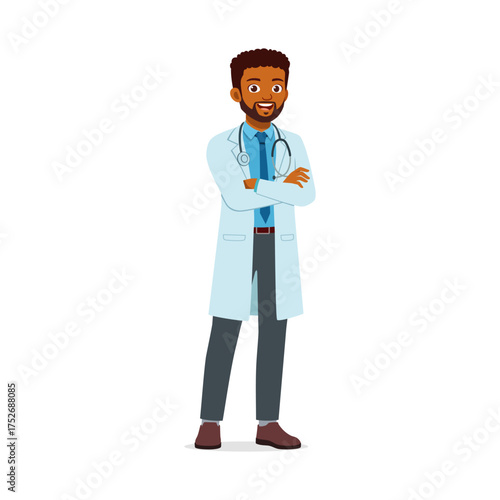 African American Doctor with Stethoscope Standing with Arms Crossed Smiling Professional